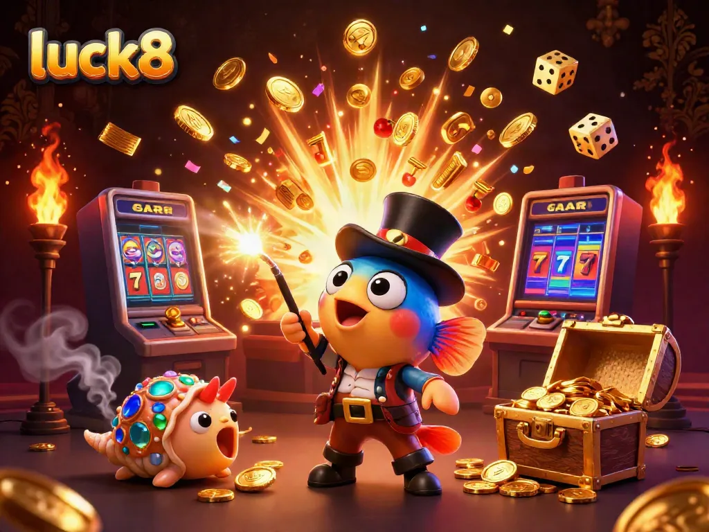 Experience exciting jackpots at luck8 with a dazzling scene featuring fish and treasure.