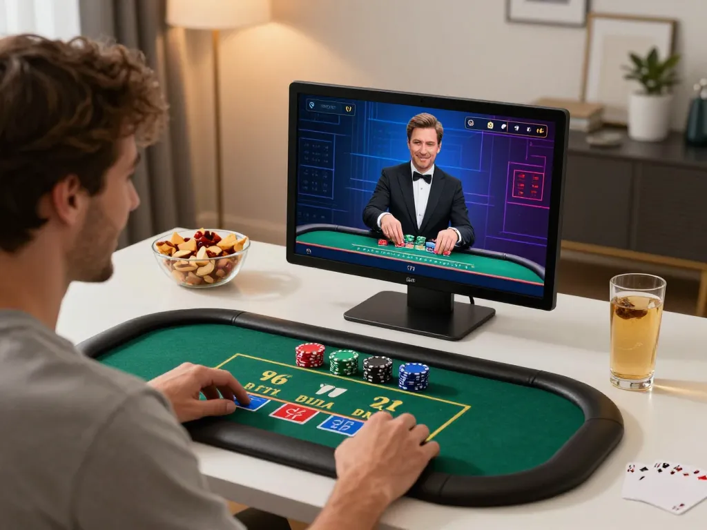 G28 player enjoying live dealer blackjack on tablet in modern workspace.