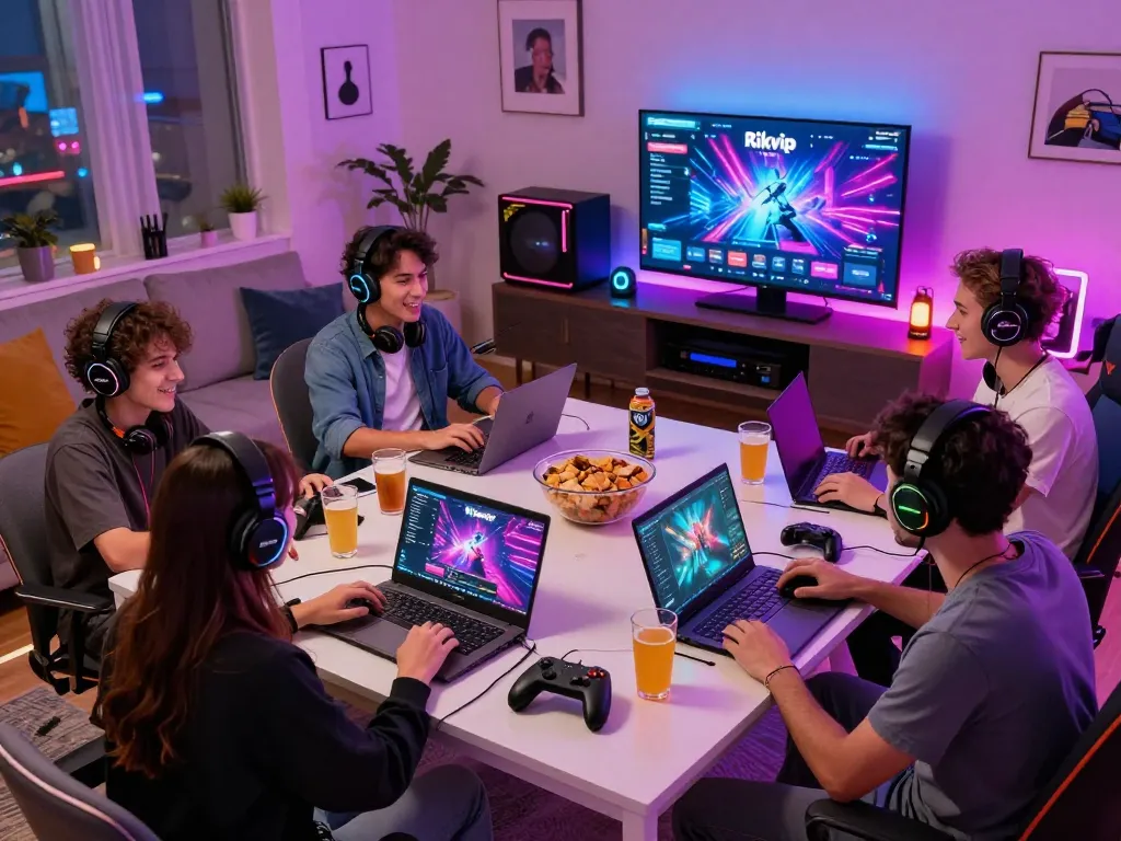 Friends playing Rikvip games together in a cozy vibrant gaming setup with snacks and screens.