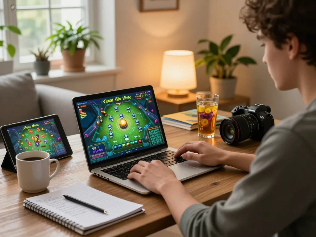 Xóc đĩa online gameplay on laptop in a cozy living room, showcasing strategic mindset and relaxed atmosphere.