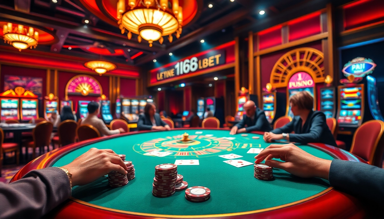 A thrilling scene of players engaging with f168bet poker chips at a luxurious casino table.