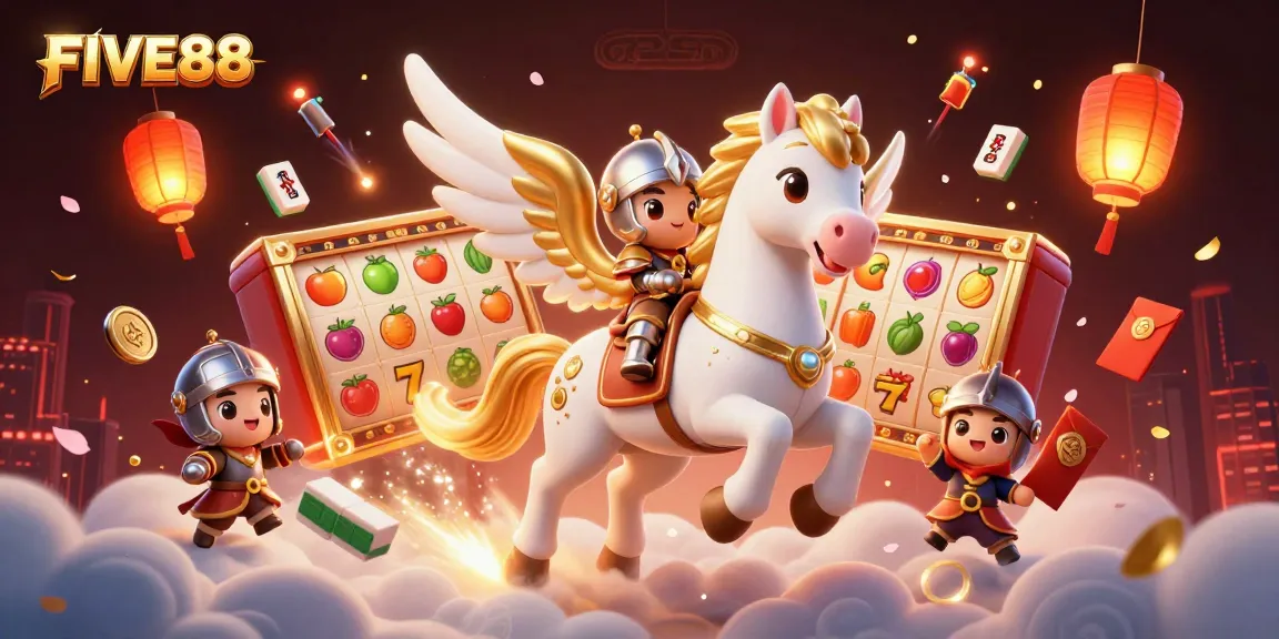 Experience the thrill at FIVE88 with a magical scene of a knight on a celestial horse among vibrant casino elements.