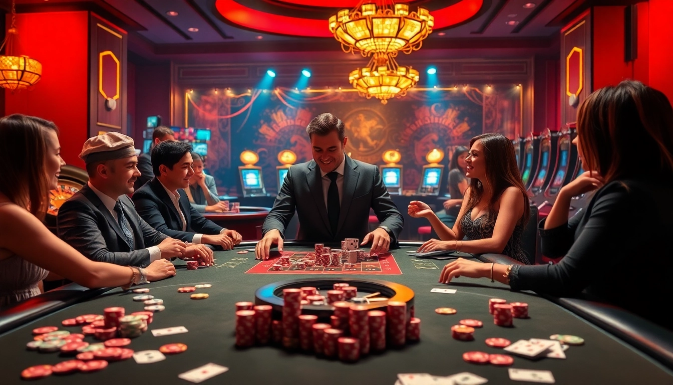 Players enjoying a game at f168.me casino table with stylish decor and vibrant atmosphere.