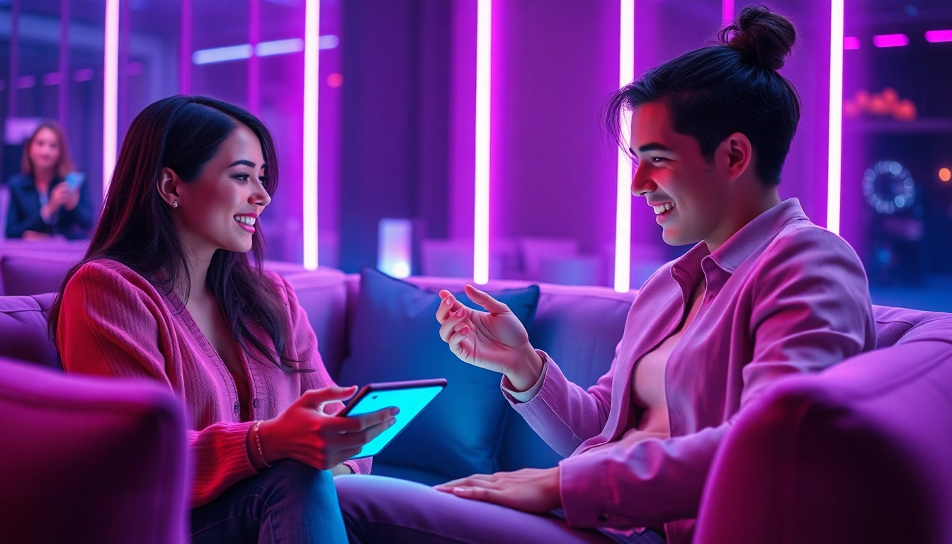 Engaging interaction in a modern lounge with sex chat AI chatbots.