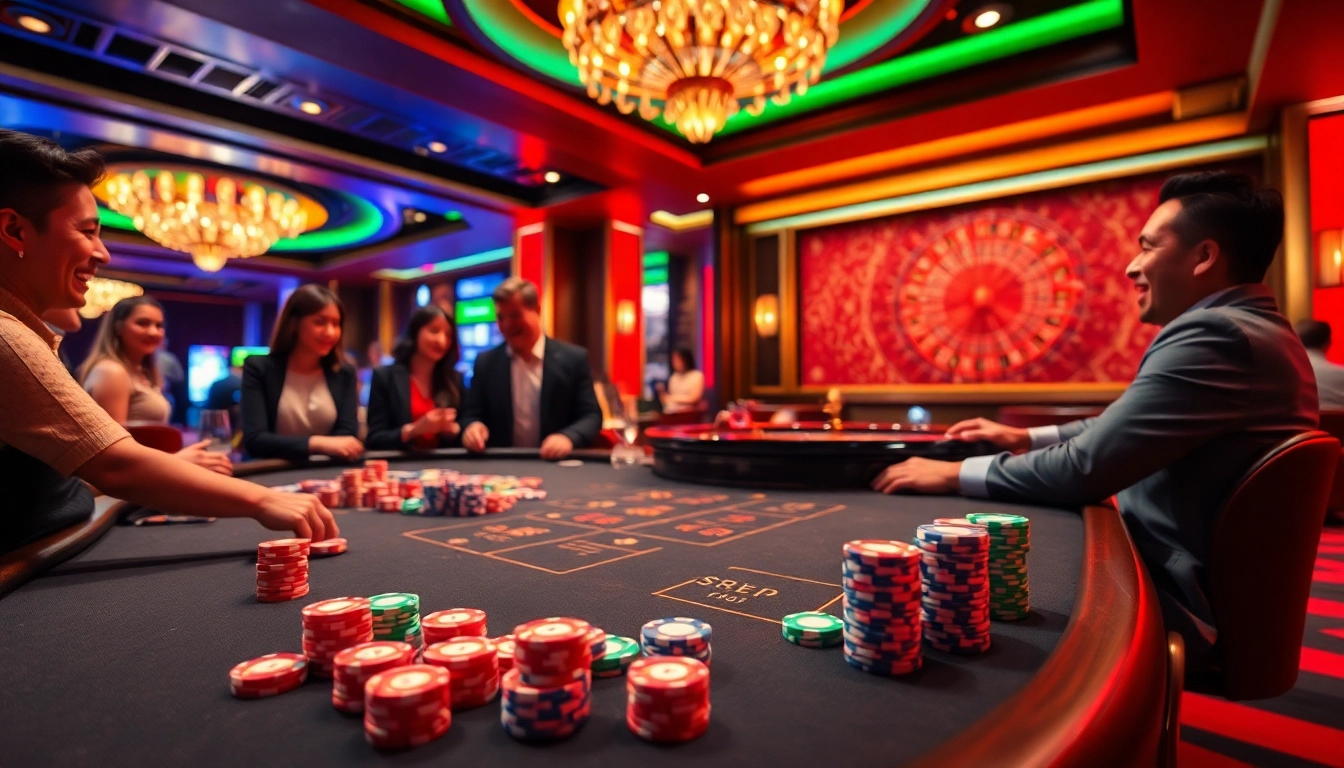 Engaging players enjoying the excitement of nhà cái Fly88 in a vibrant casino environment.