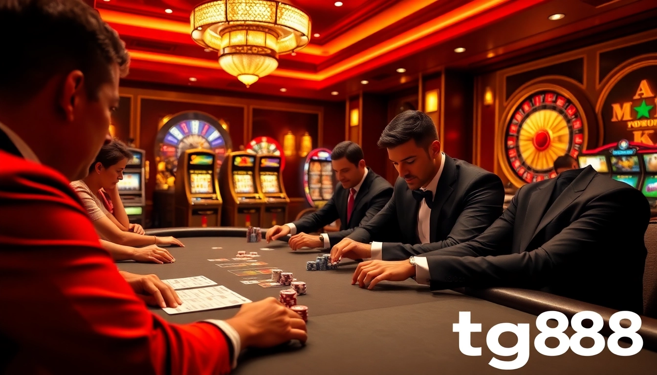 Engaged players strategizing in a high-stakes tg88 poker game at an elegant casino table.