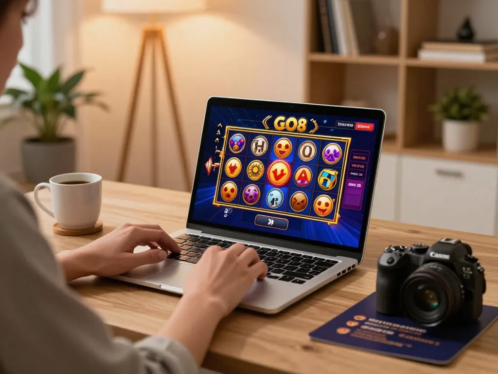 Engaging in exciting GO8 slot games on a sleek laptop during a cozy evening.