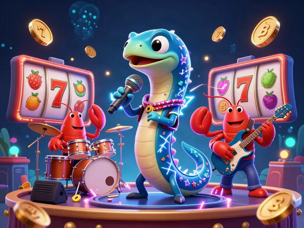 Spin the reels with ada-restaurant's electric DJ eel and vibrant underwater band at a lively casino.