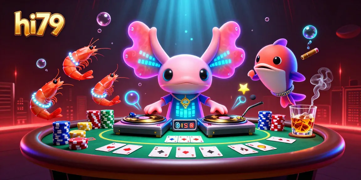 Experience hi79 gaming with neon axolotl DJ in vibrant poker scene enriched with colorful casino elements.