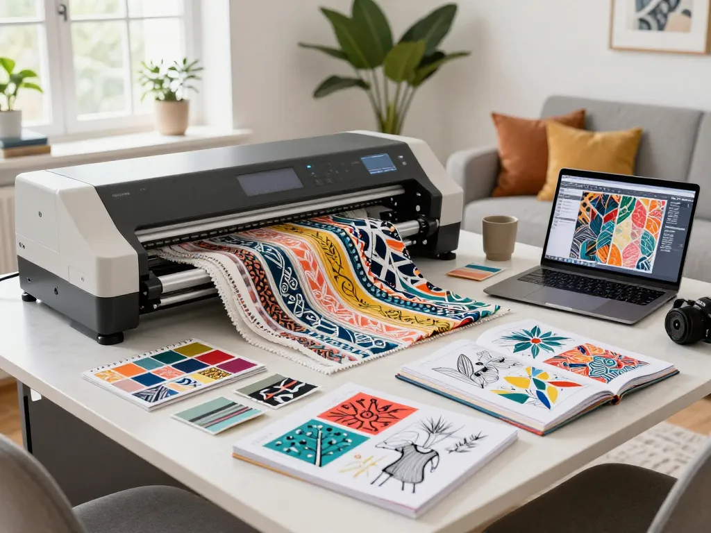 Sunwin designer showcasing colorful textile patterns in a bright creative workspace.