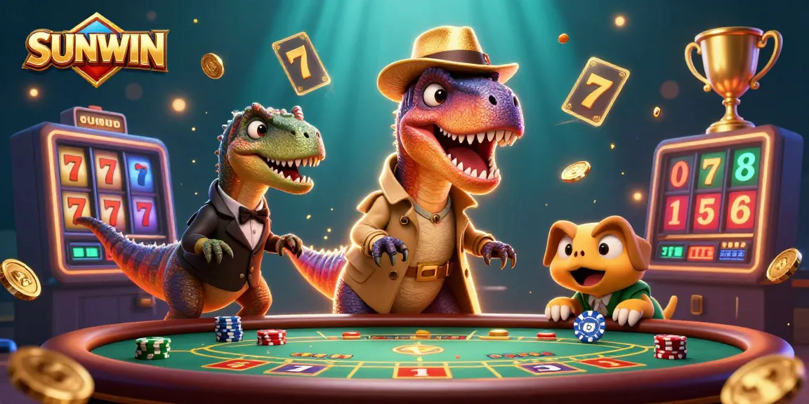 SUNWIN showcases a dynamic 3D illustration of casino characters, including a velociraptor and stegosaurus at a blackjack table.