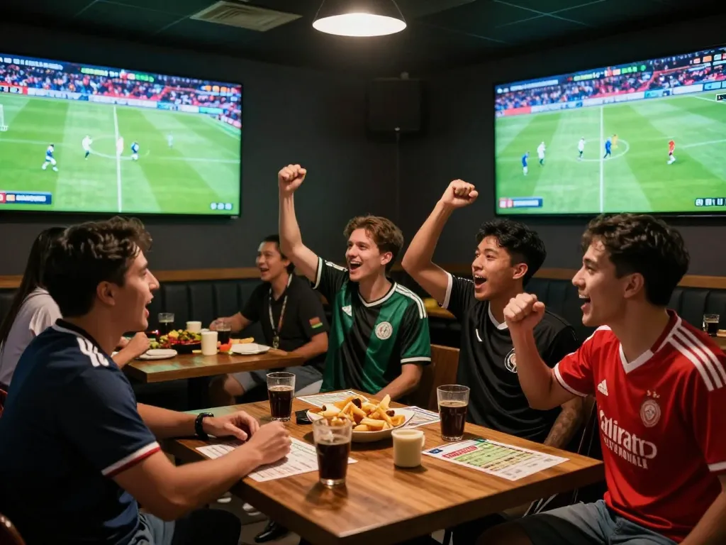 Friends enjoying kèo bóng đá in sports bar, celebrating live football match.