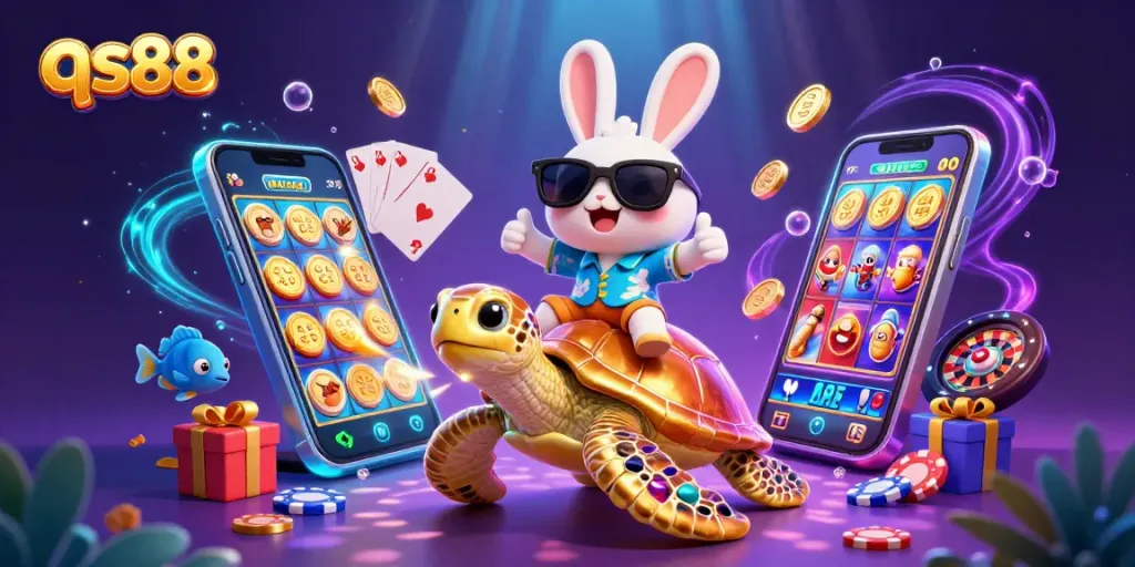 Experience excitement with qs88's vibrant lucky rabbit and turtle in a dynamic underwater casino scene.