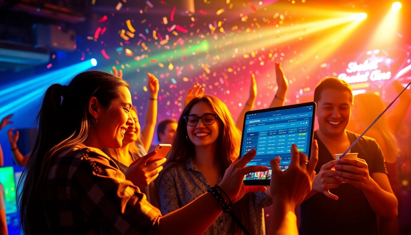 Exciting online gaming scene with sbobet.dance logo, capturing vibrant dance party atmosphere.