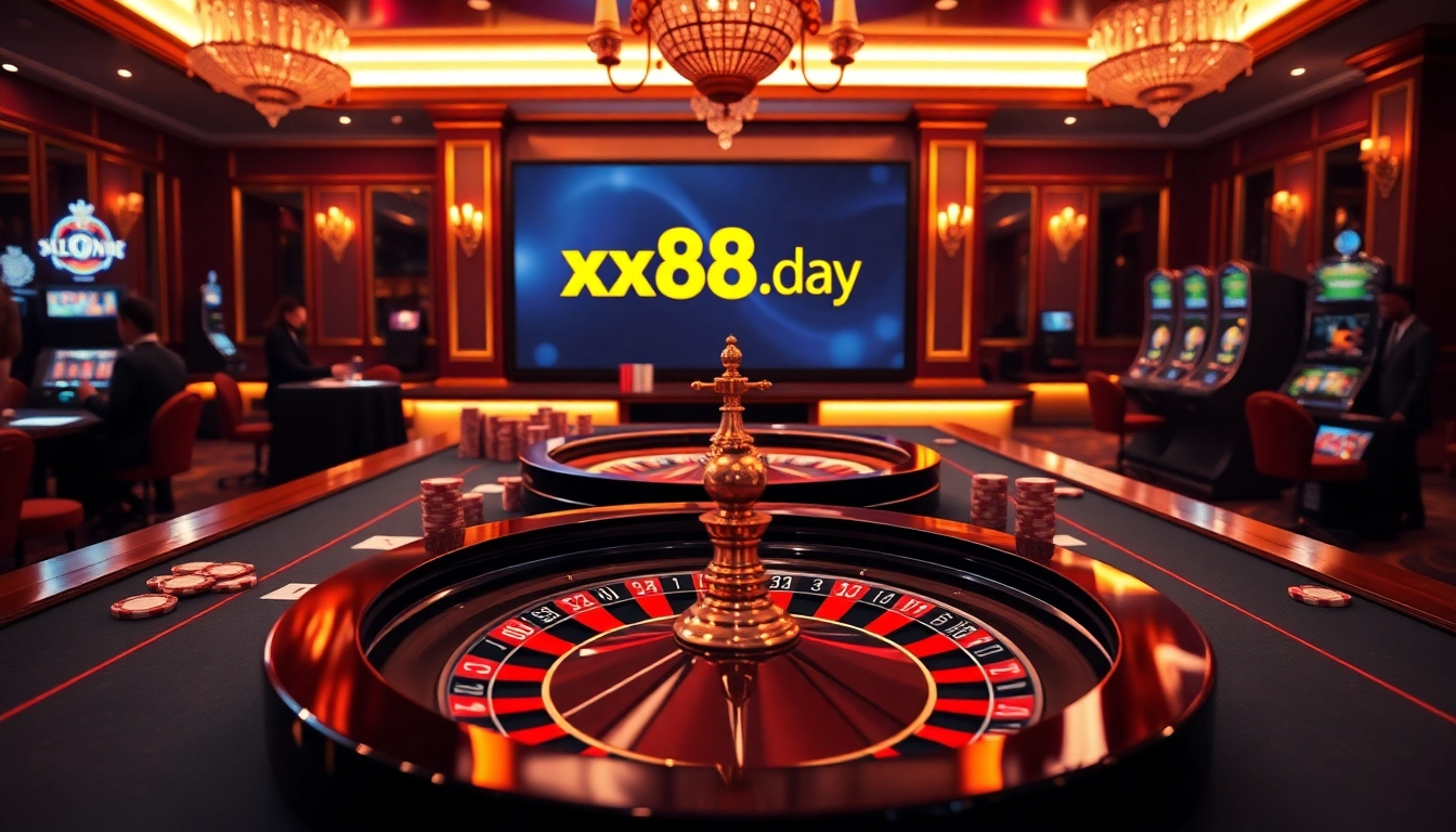 Experience the thrill of online gaming at https://xx88.day/ with a vibrant casino scene featuring roulette and poker action.