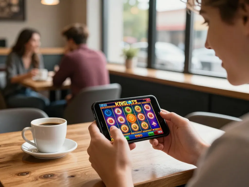 KDSlots player enjoying thrilling online gaming experience on mobile in cozy coffee shop.