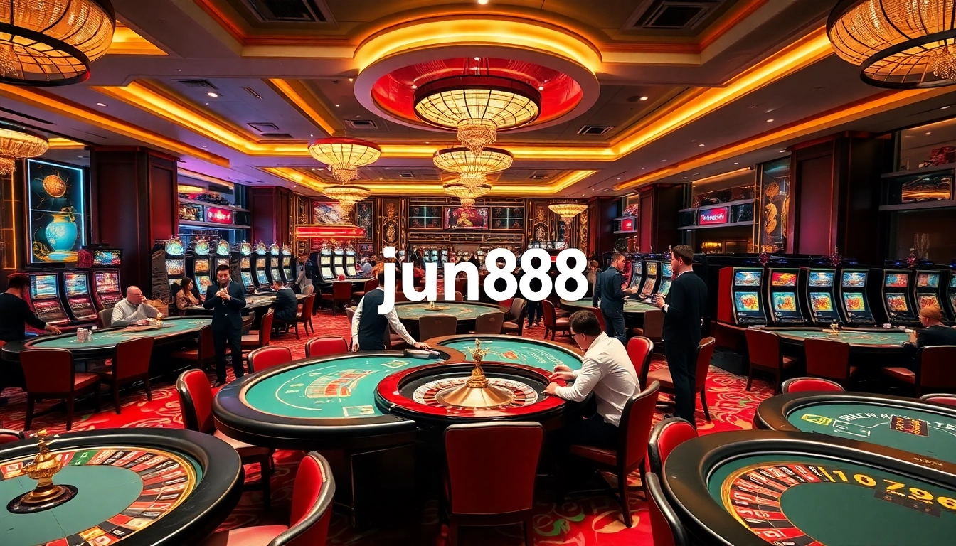 Exciting gaming scene featuring nhà cái jun88's vibrant casino tables buzzing with action.