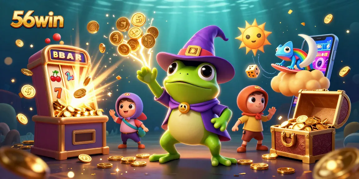 Experience exciting wins with 56win's vibrant 3D illustration showcasing dynamic gaming elements.