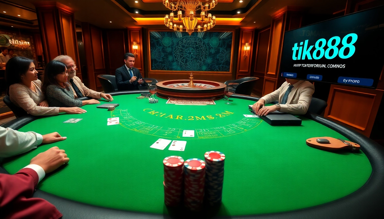 Engage in a thrilling blackjack game at http://tk88.forum/ with vibrant poker chips and a roulette wheel in a luxurious casino setting.