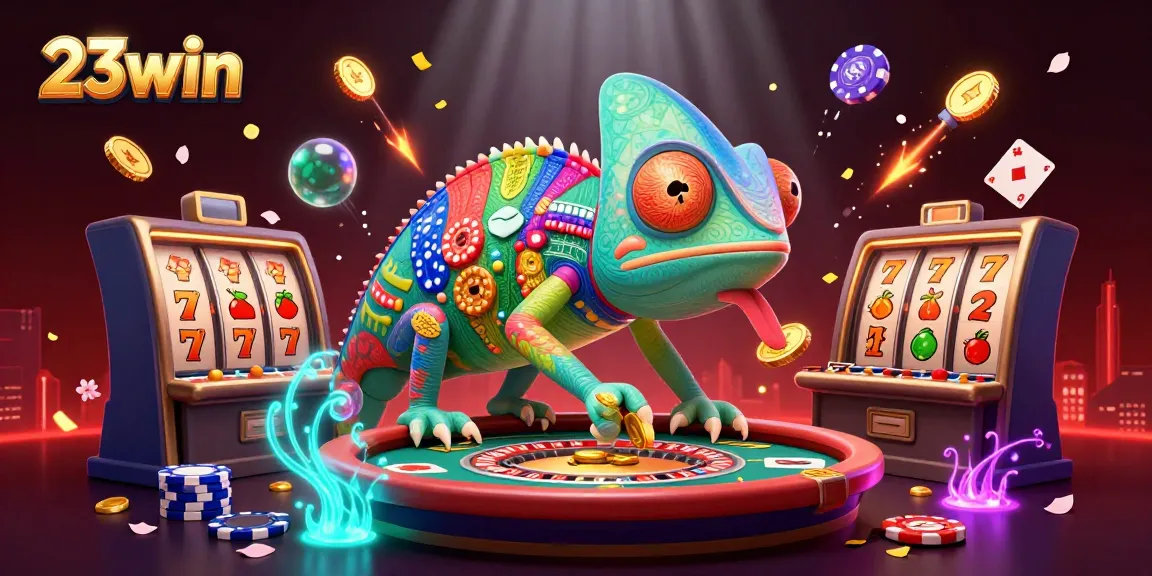 Experience the exciting world of 23win with a vibrant casino scene, featuring animated chameleon, poker elements, and dynamic game effects.
