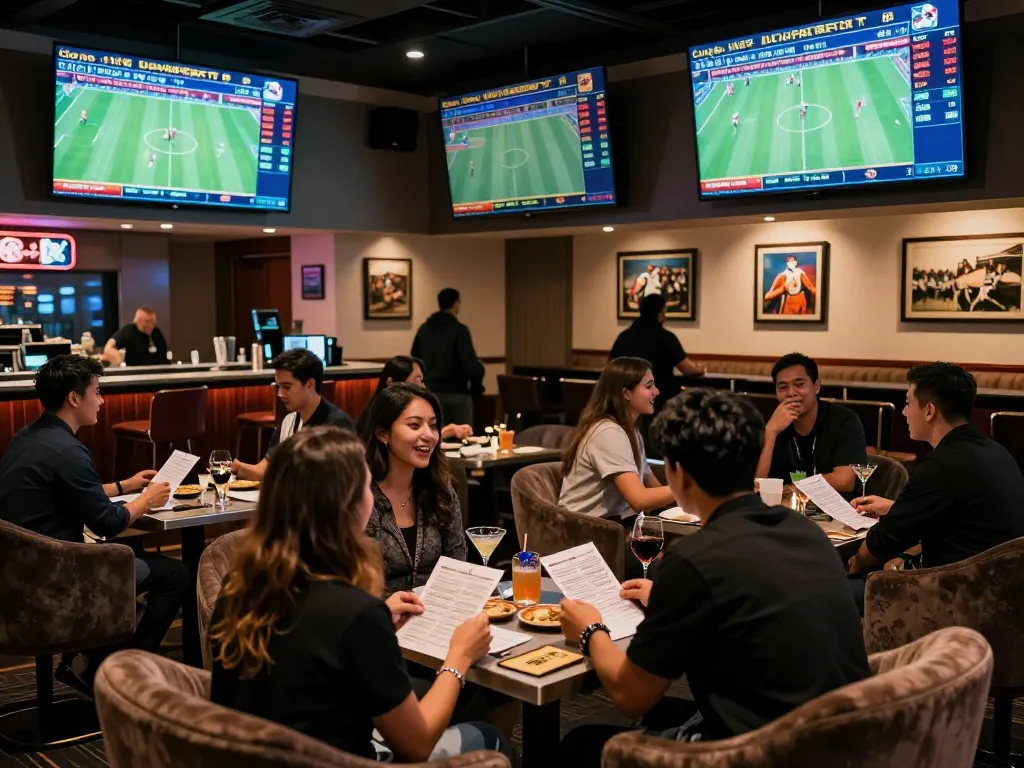 Hitclub sports betting excitement with patrons analyzing odds in a vibrant casino lounge.