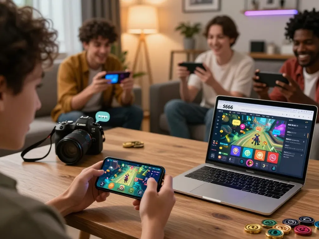 Diverse players enjoying S666 gaming app on devices in a vibrant living room.