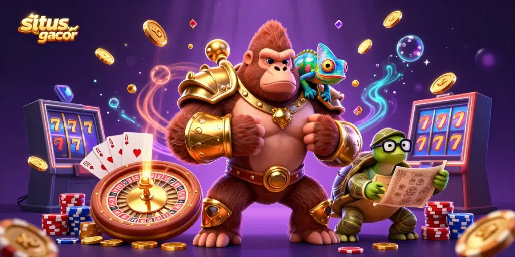 Experience the thrill of situs slot gacor with a vibrant 3D illustration featuring a powerful gorilla king and a wise tortoise amid dynamic casino elements.