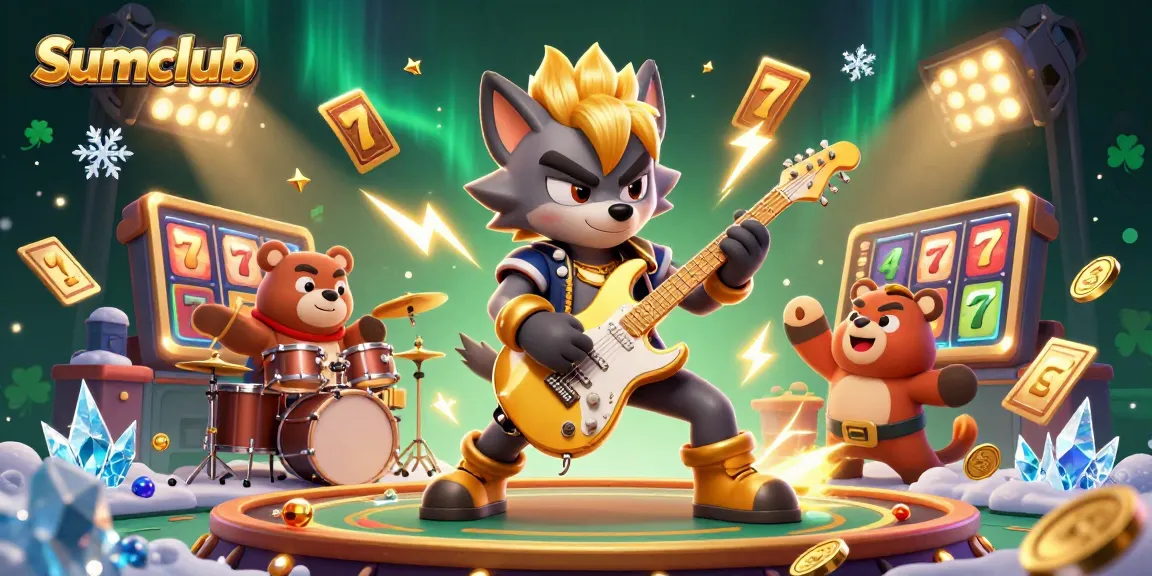 Engage with thrilling slots at Sumclub showcasing a rock star wolf and wild drummer bear.