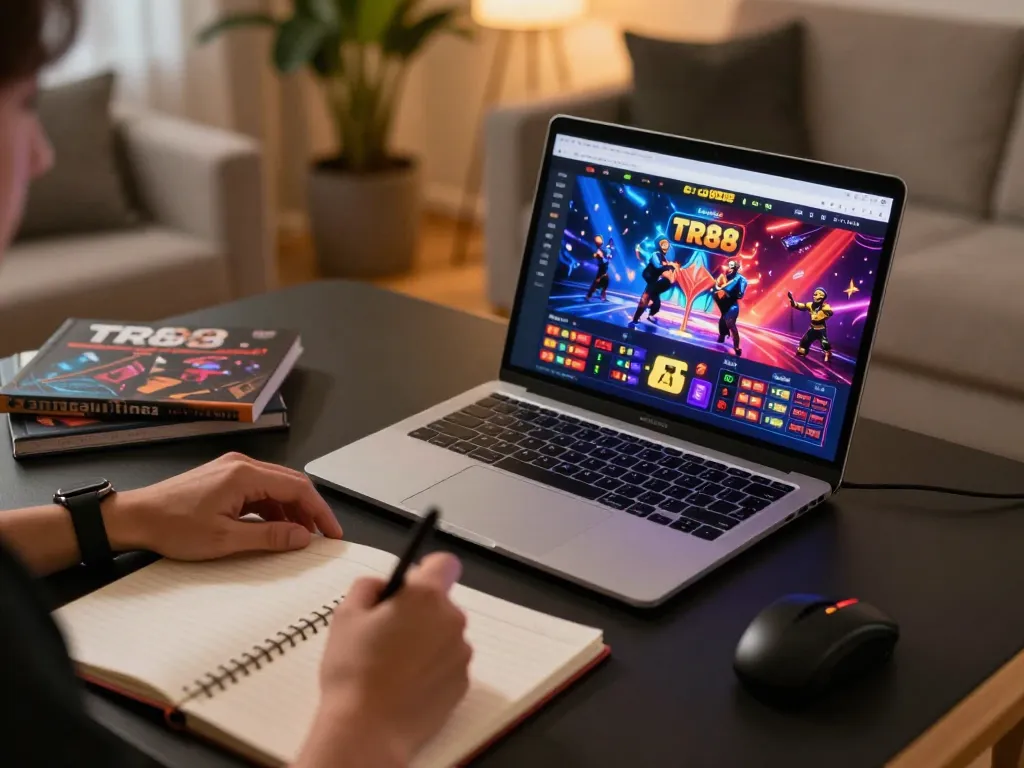Person engaging in TR88 online casino gameplay with notes and laptop.
