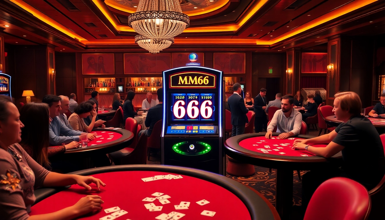 Players enjoying the mm66 slot machine in a luxury casino environment with vibrant decor.
