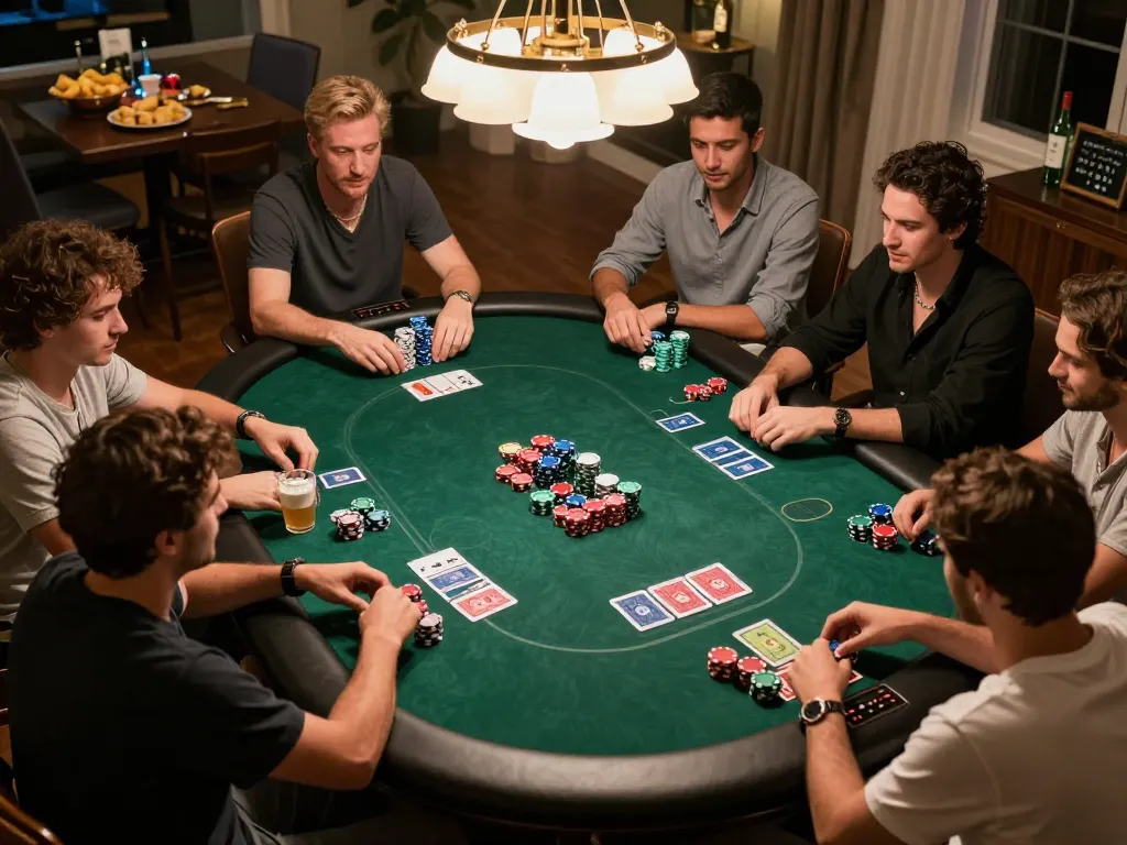 56WIN players engaging in a thrilling poker night, showcasing strategic gameplay and camaraderie.
