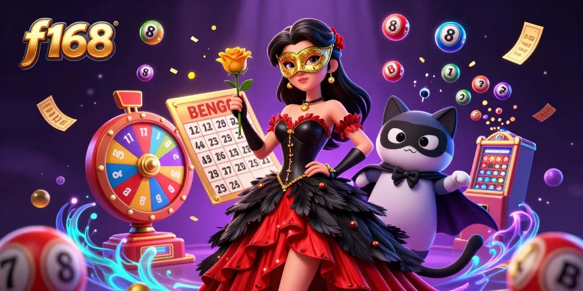 Experience thrilling gaming at f168 with vibrant casino elements, including lottery balls and prize wheels.