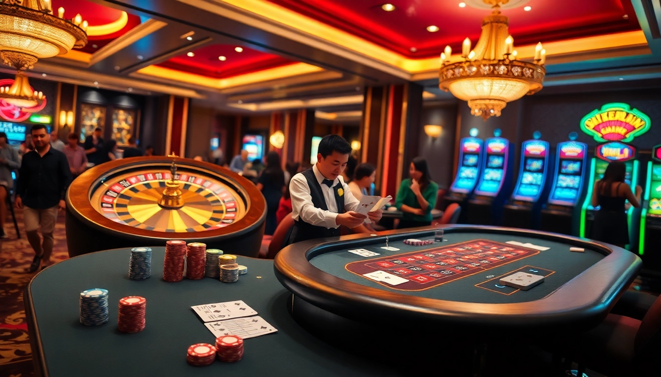 Players enjoying blackjack and roulette at 98win com casino with vibrant gaming atmosphere.