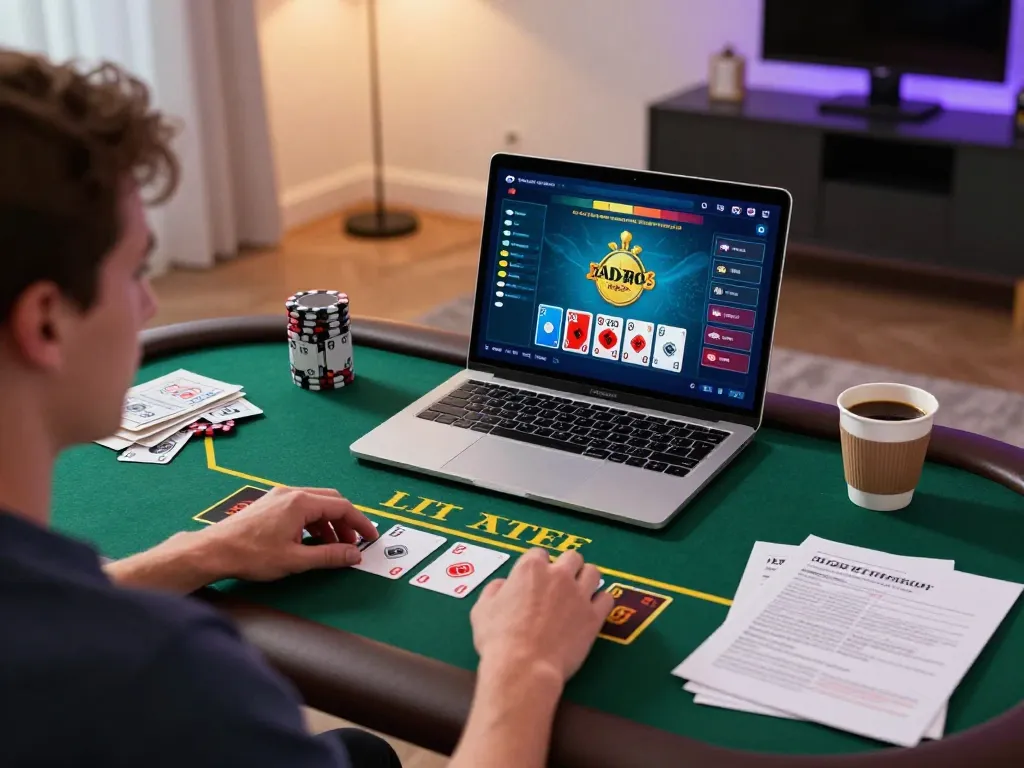 Player enjoying live dealer blackjack game with jae888 on a stylish laptop at home, highlighting a strategic gaming atmosphere