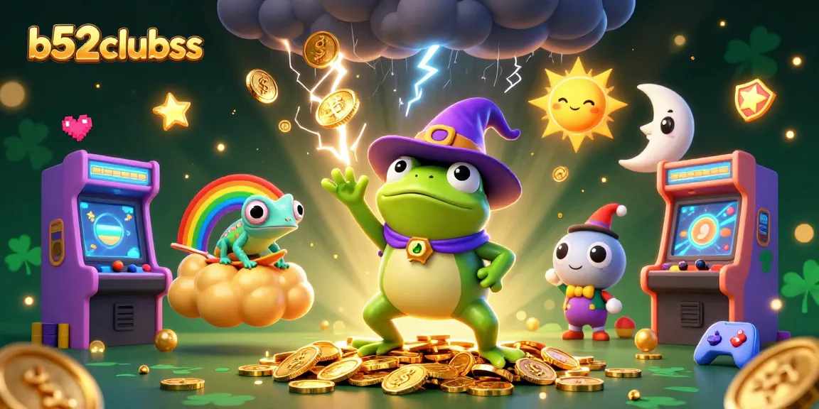 Watch the b52clubss wizard frog create a coin storm amid vibrant 3D casino elements.