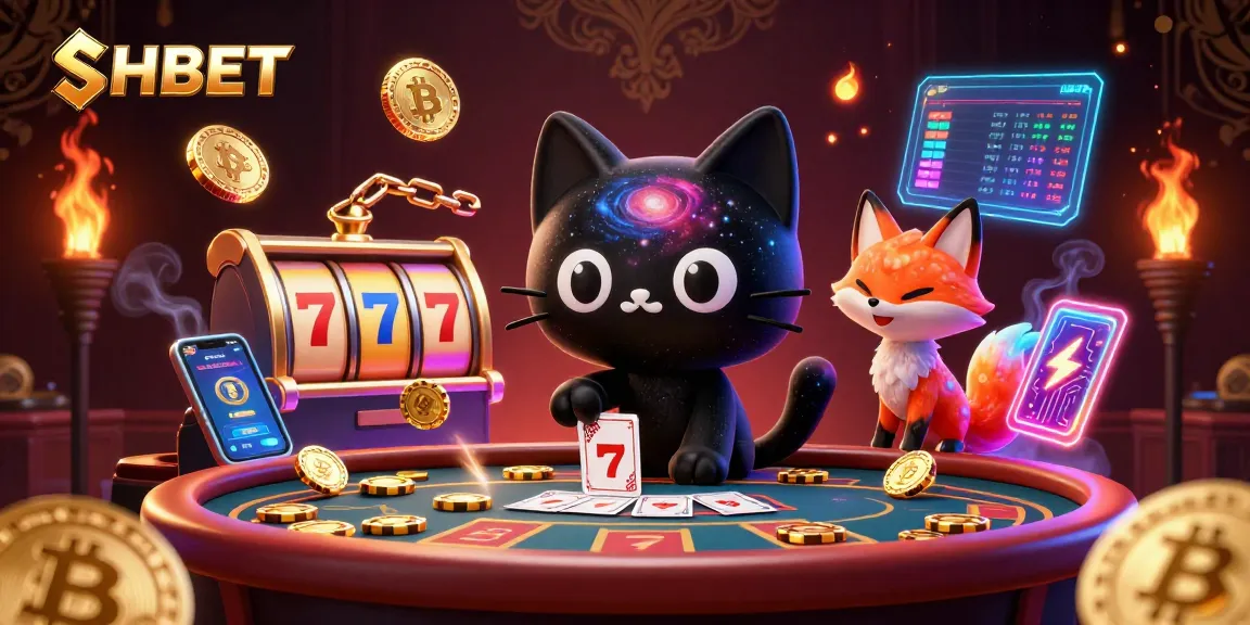 Join the excitement at SHBET as a black hole cat pulls in golden casino chips, surrounded by vibrant gaming elements.