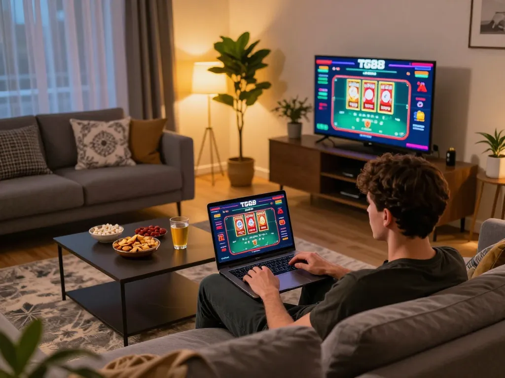 Enjoying tg88 win while gaming online, a cozy living room scene with vibrant poker and slot graphics on display.