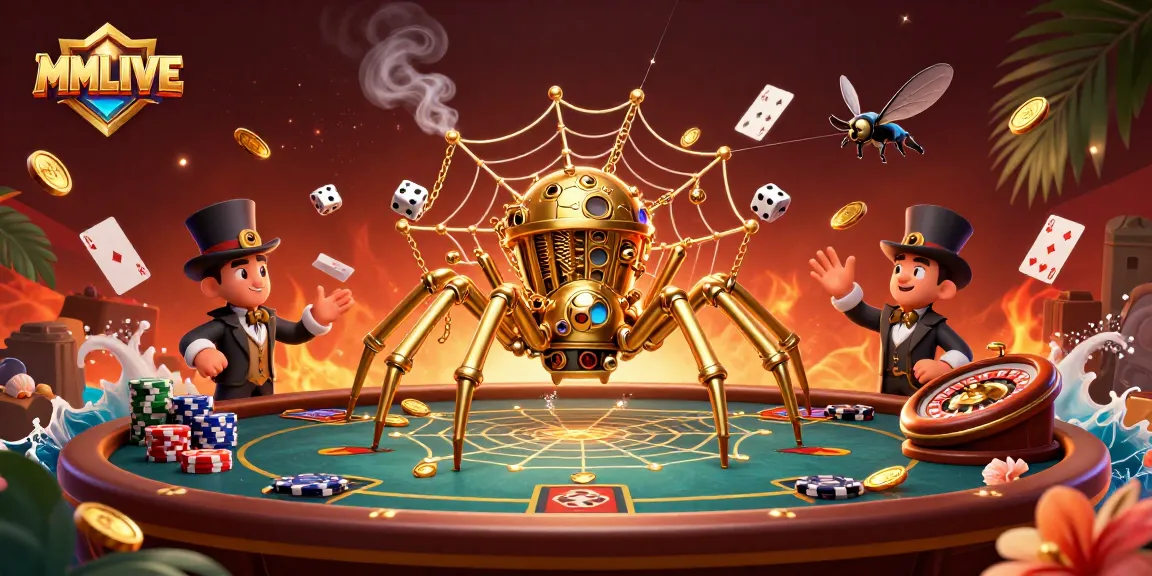 Engage with MMLIVE as a golden spider traps dice in a vibrant steampunk casino environment.