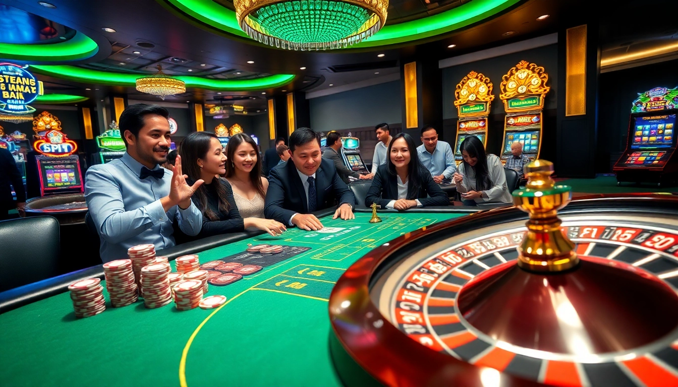 Cổng game Go8 with vibrant casino elements showcasing poker chips, roulette, and engaged players.