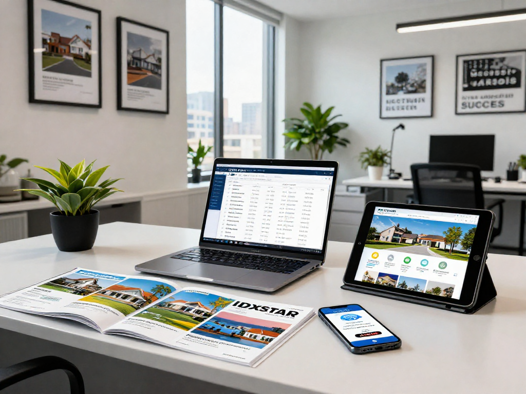 Real estate professional using IDXSTAR software in a modern office.