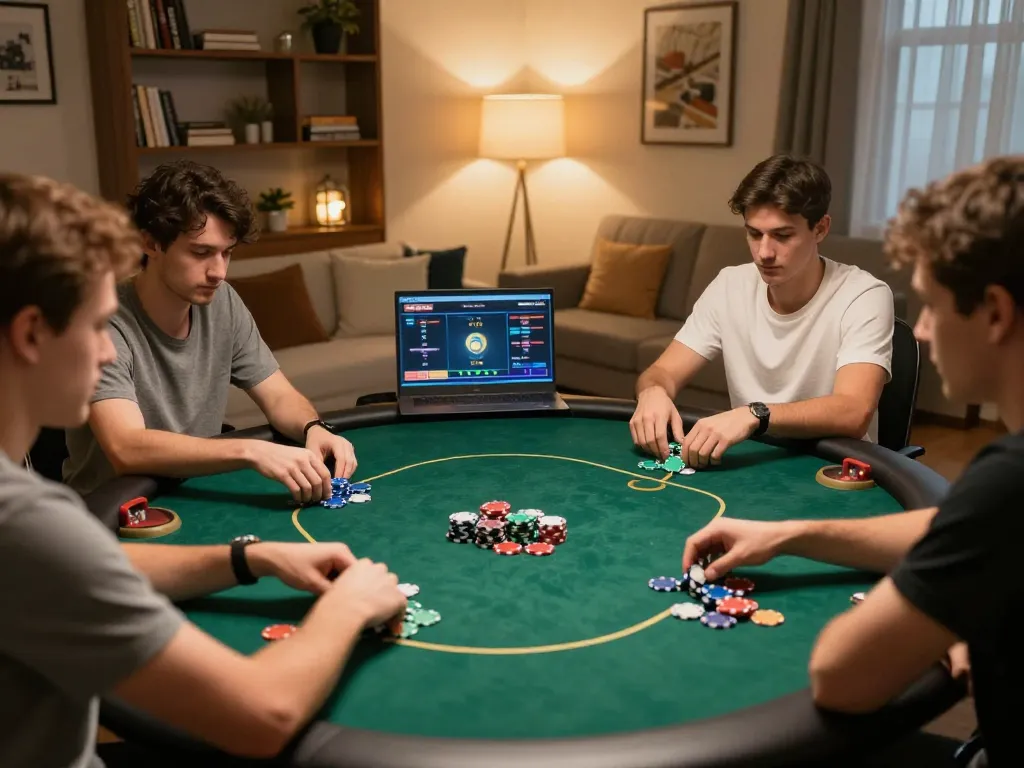 Kuwin1 online poker players engaged with colorful chips, showcasing strategic gameplay in warm home setting.