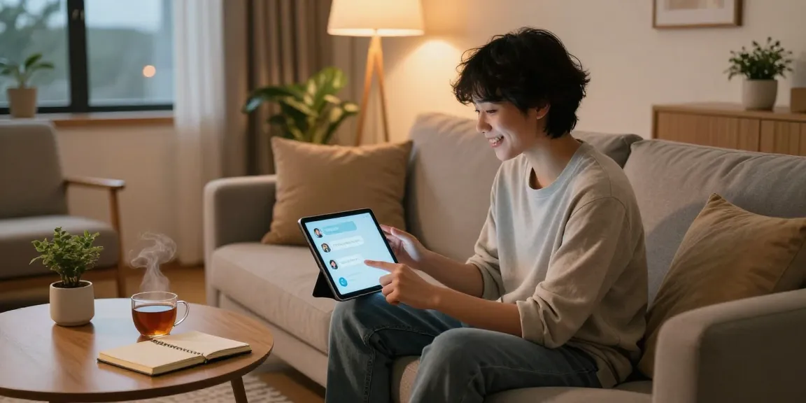 Engaging with an AI girlfriend on a tablet in a cozy living room.