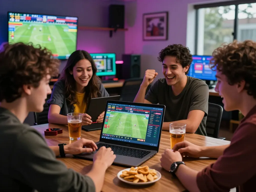 Friends enjoying an online betting experience on 1gom platform with laptop and drinks.