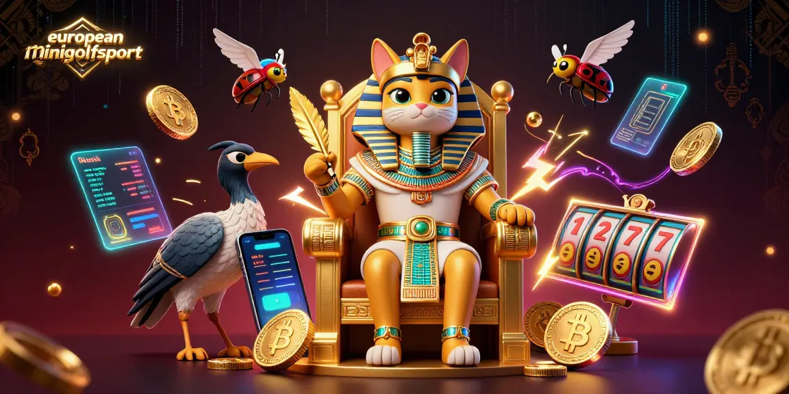 Engage in thrilling gameplay with europeanminigolfsport, featuring a pharaoh cat amidst slot reels and cryptocurrency elements.