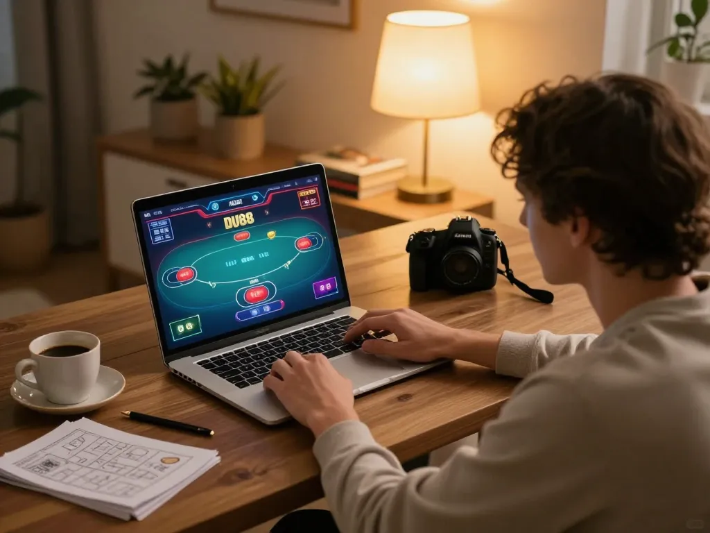 Engaging online gambling session showcasing DU88 poker gameplay with strategic notes and cozy setup
