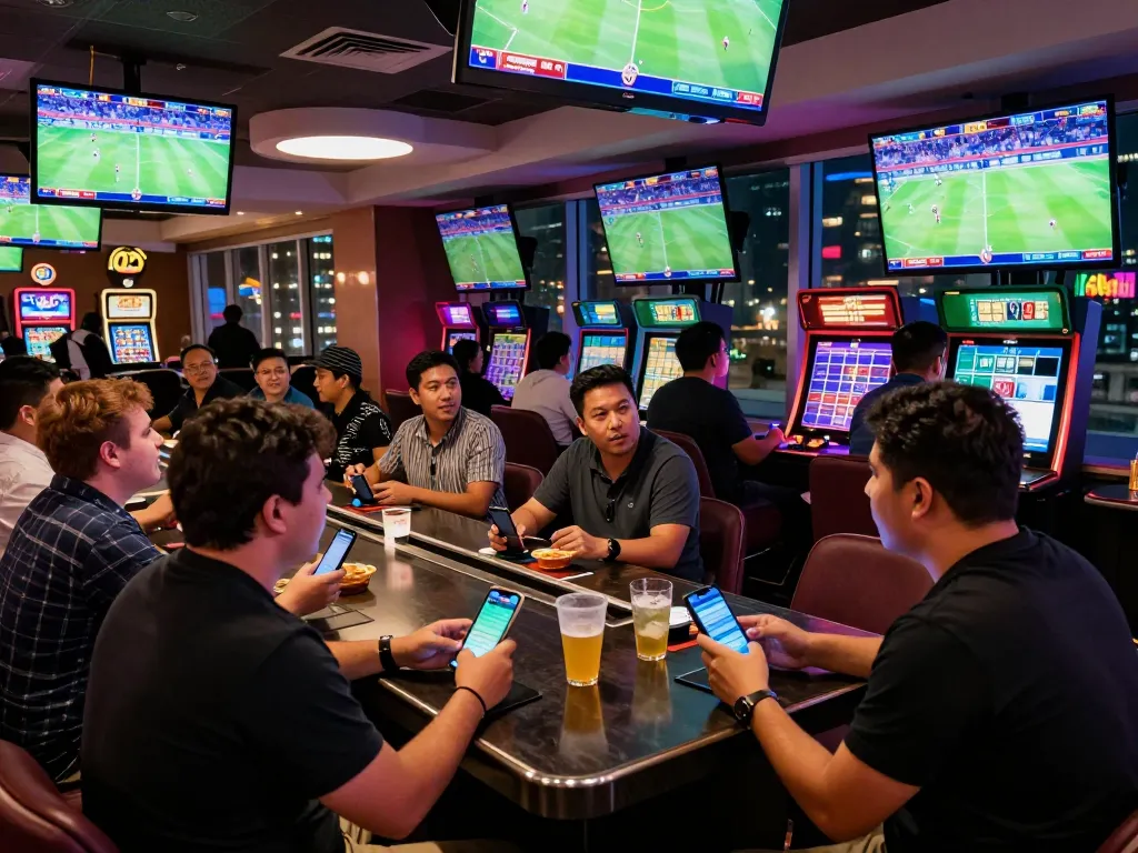Cá cược Vk88 users engaging with live sports betting in a vibrant casino setting.