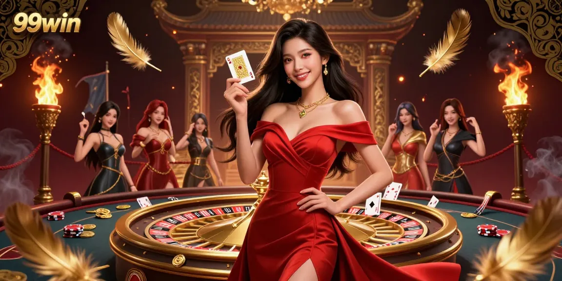Win big with 99win at an exhilarating casino scene featuring a stunning woman next to a roulette wheel.