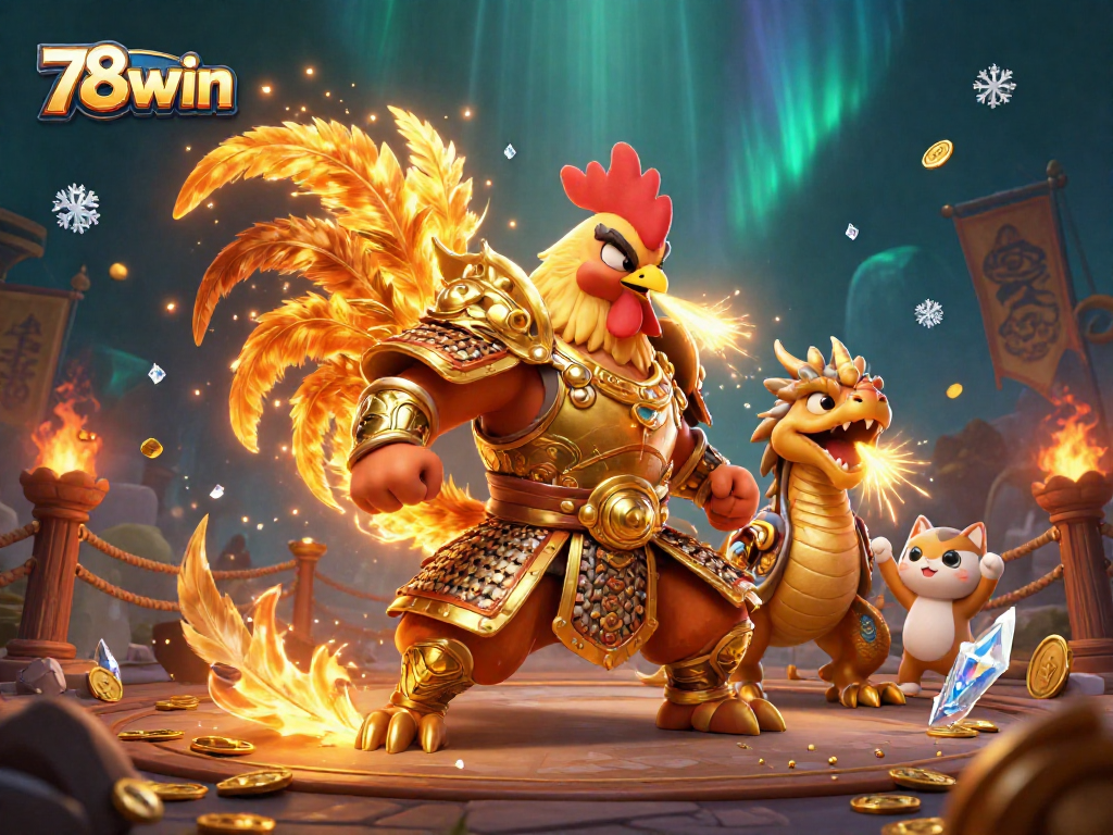 Experience the excitement at 78win's dynamic fighting arena featuring unique characters and golden elements.