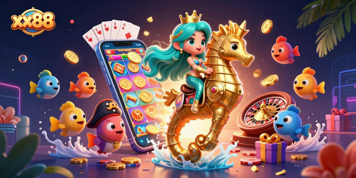 Experience the thrilling adventures of xx88 with a vibrant casino-themed scene featuring a mermaid and seahorse, celebrating lucky spins.