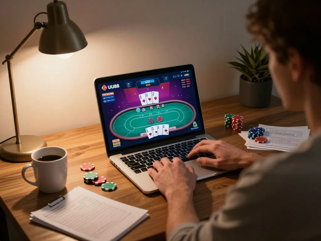 Engaged player using UU88 for online poker, surrounded by notes and a coffee.